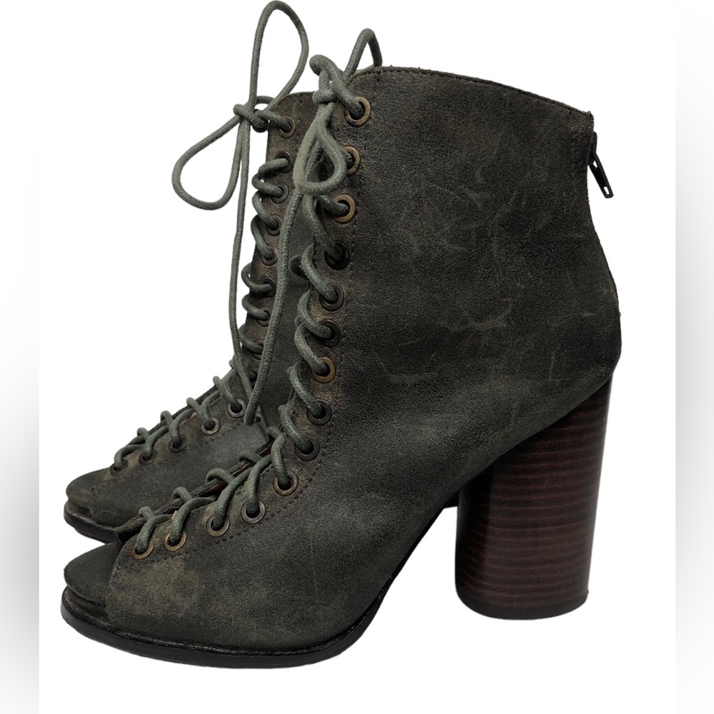 JEFFERY CAMPBELL Distressed Army Green Lace-Up Peep Toe Ankle Boots 3.5” Heel